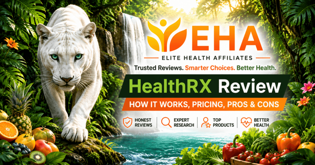 HealthRX Review featured image with EHA branding, white panther, tropical waterfall background, and telehealth review text