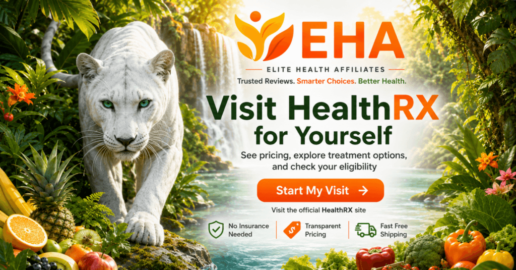 EHA-branded HealthRX banner with white panther, tropical waterfall, Visit HealthRX CTA