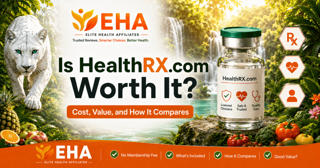EHA-branded HealthRX.com Worth It featured image with white panther, tropical waterfall, HealthRX vial, and cost and value comparison messaging