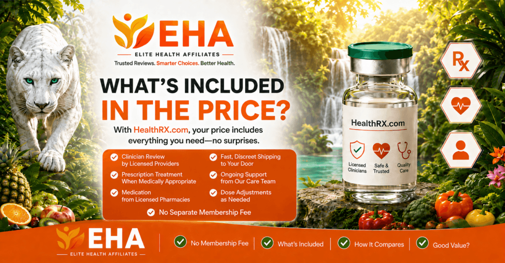 EHA-branded HealthRX.com pricing graphic showing what is included in the plan price, with white panther, tropical waterfall, HealthRX vial, and no separate membership fee messaging