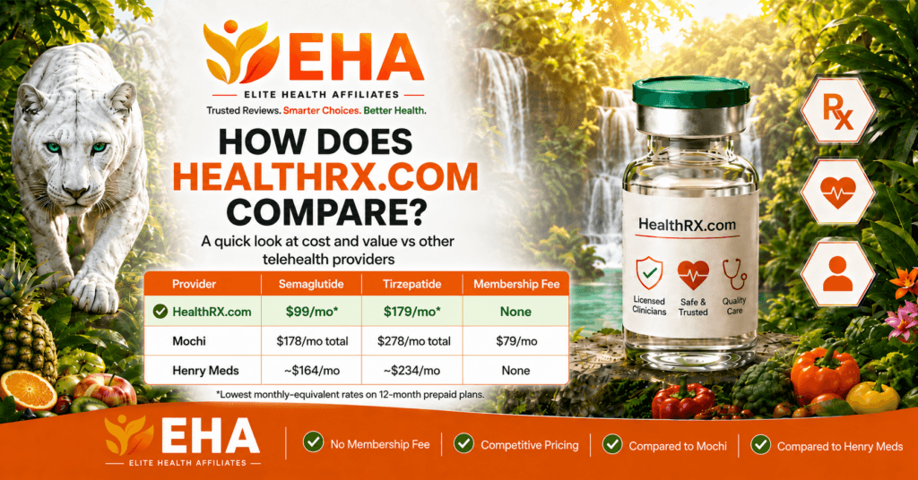EHA-branded HealthRX.com comparison table showing semaglutide and tirzepatide pricing versus Mochi and Henry Meds, with white panther and tropical waterfall background