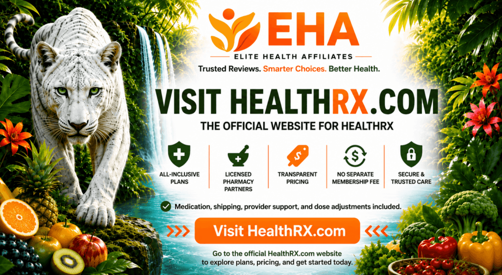 EHA-branded HealthRX.com official website banner with white panther, tropical waterfall, HealthRX service benefits, and Visit HealthRX.com CTA