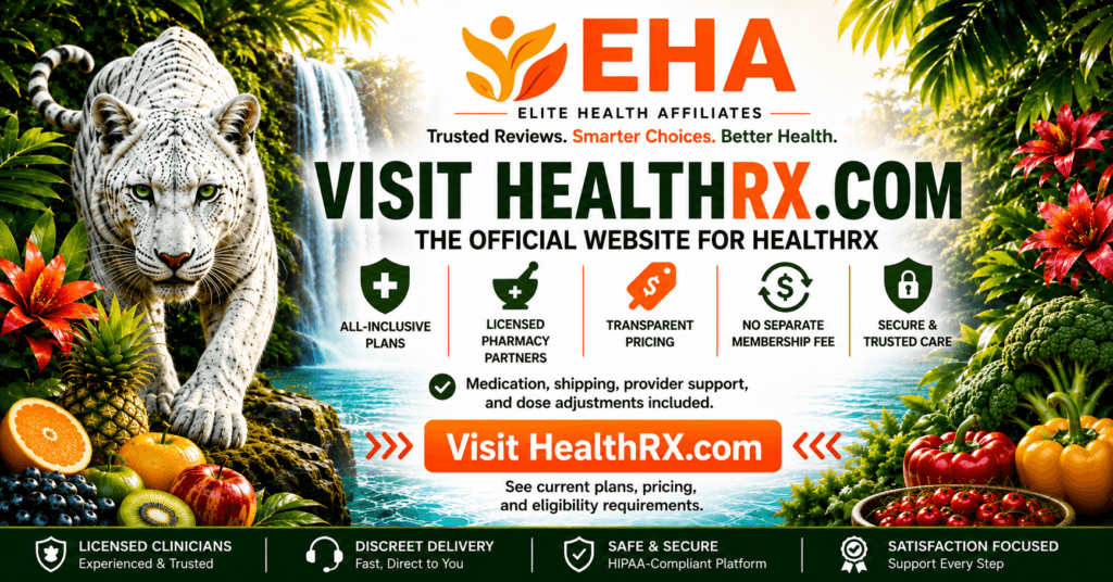 EHA-branded HealthRX.com official website banner with white panther, tropical waterfall, plan benefits, and telehealth trust signals