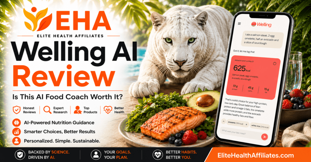 Welling AI Review featured image with EHA branding, white panther, healthy meal, and smartphone displaying the Welling AI nutrition app.