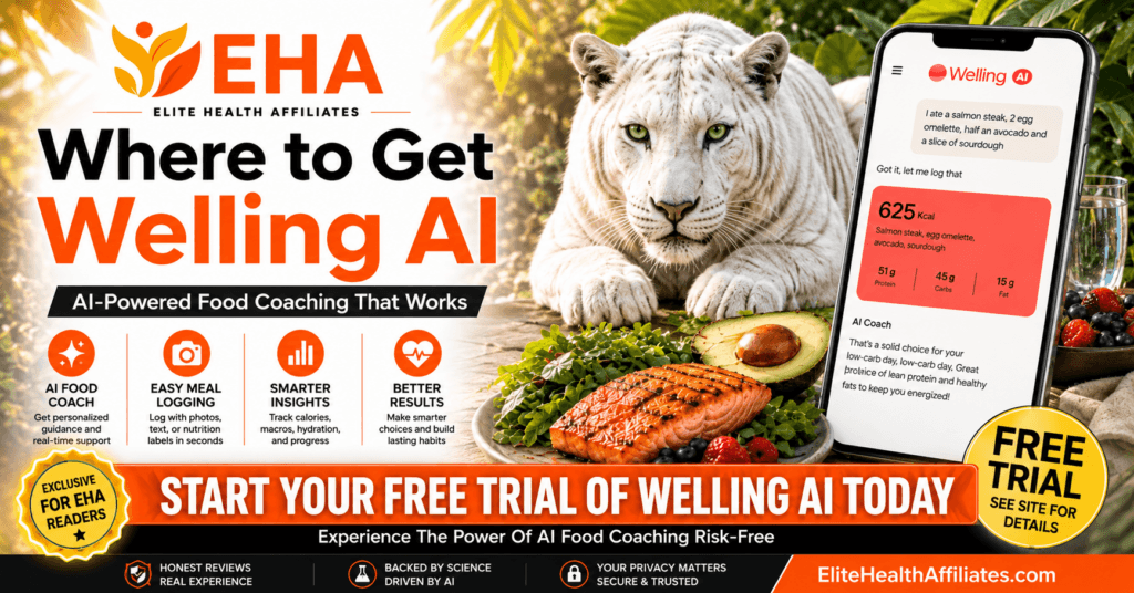 Welling AI free trial image with EHA branding, white panther, healthy meal, and smartphone showing the Welling AI nutrition app