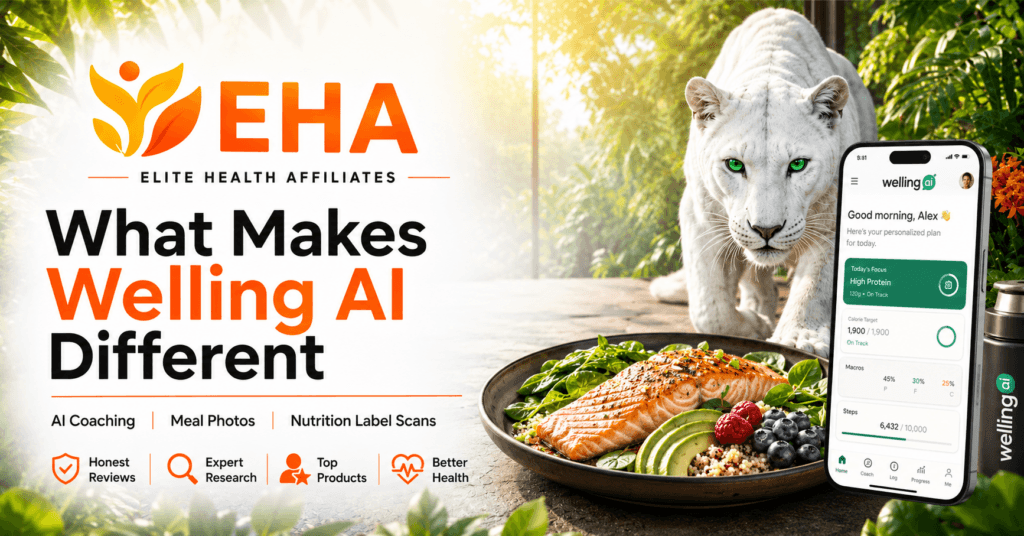 EHA-branded Welling AI graphic with white panther, healthy salmon meal, and smartphone showing AI nutrition tracking features.