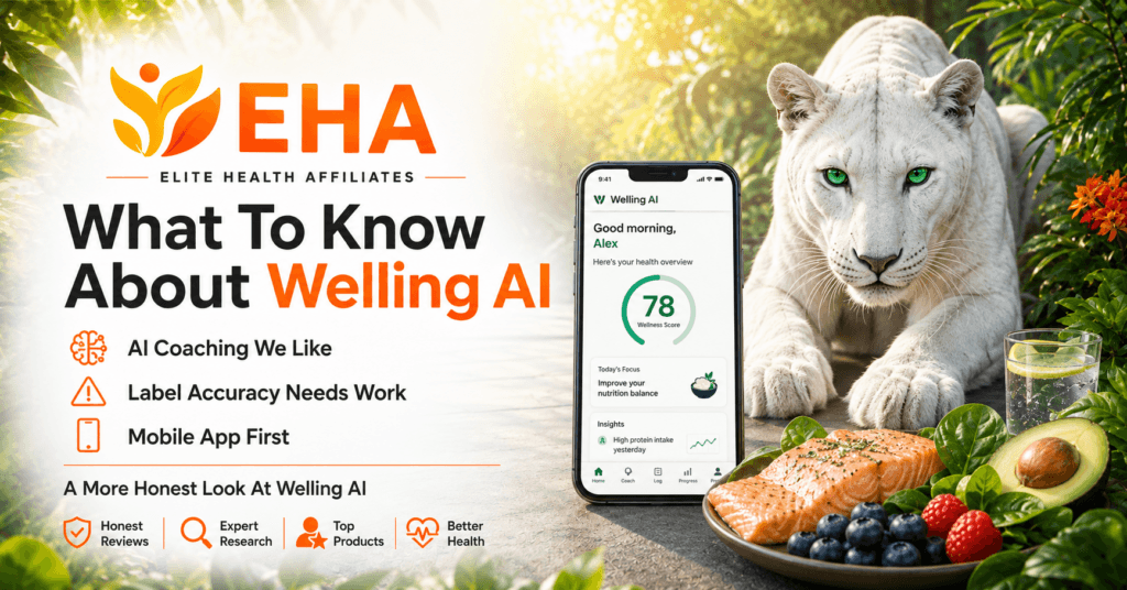 EHA-branded Welling AI graphic with white panther, smartphone dashboard, and highlights for AI coaching, label accuracy concerns, and mobile-first use.