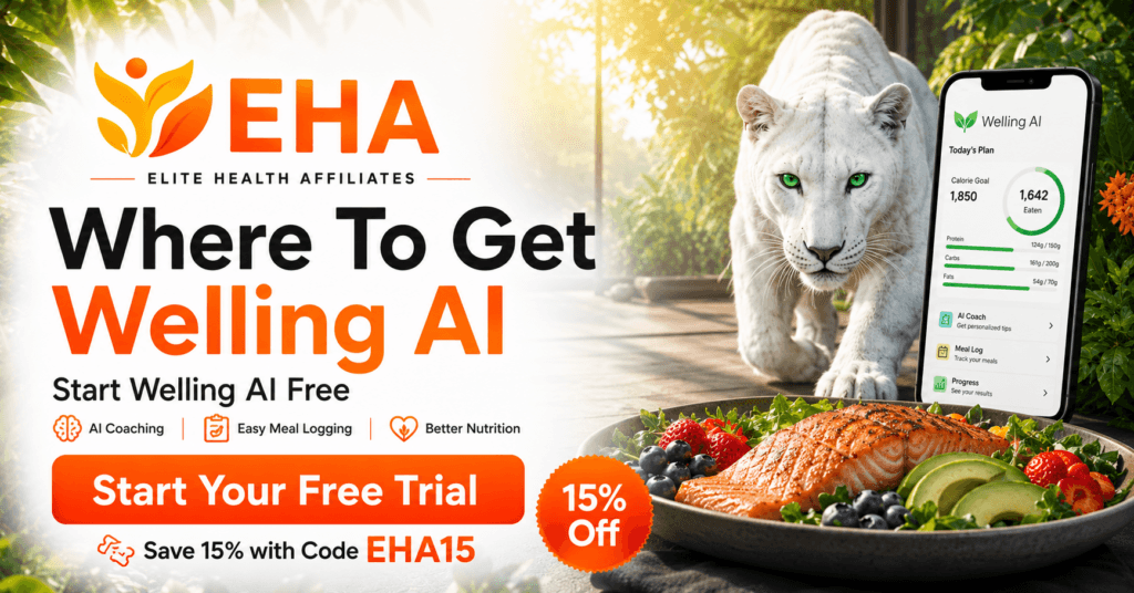 EHA-branded Welling AI free trial graphic with white panther, healthy meal, smartphone app display, and 15% discount code EHA15.