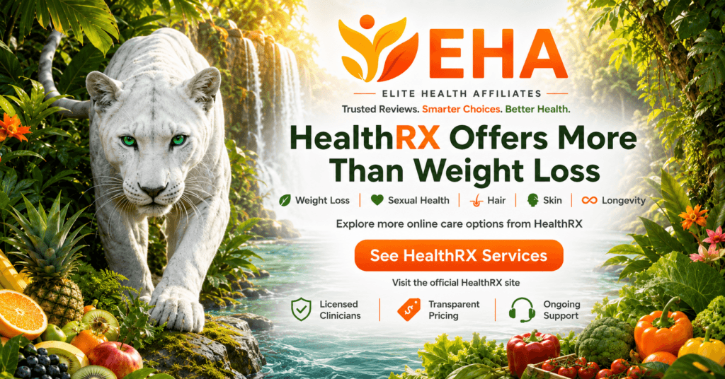 EHA-branded HealthRX banner highlighting weight loss, sexual health, hair, skin, and longevity services with a white panther and tropical waterfall background