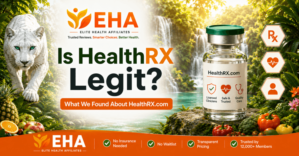 Is HealthRX legit featured image with EHA branding, white panther, tropical waterfall, HealthRX.com vial, and trust-focused telehealth graphics