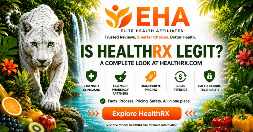 EHA-branded Is HealthRX.com Legit banner with white panther, tropical waterfall, HealthRX trust signals, and Explore HealthRX CTA