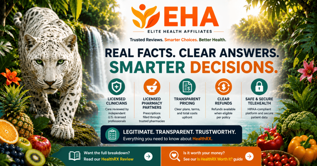 EHA-branded HealthRX trust infographic highlighting licensed clinicians, pharmacy partners, transparent pricing, refunds, secure telehealth, and suggesed reading to the HealthRX Review and Worth It guide