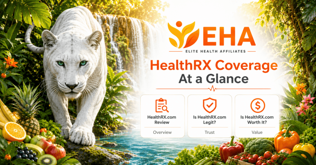 White panther in a tropical EHA setting beside a HealthRX Coverage at a Glance graphic highlighting the HealthRX.com Review, legitimacy guide, and worth-it guide