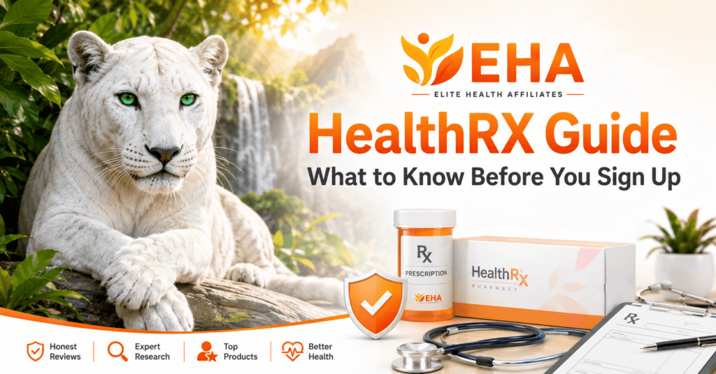 White panther beside HealthRX prescription and medical items with EHA branding and the text “HealthRX Guide: What to Know Before You Sign Up”