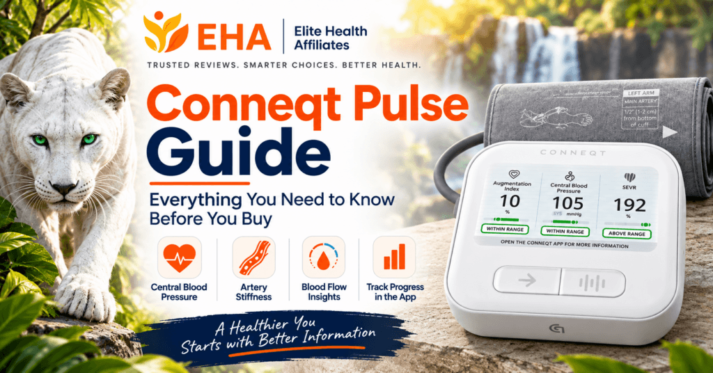 Conneqt Pulse Guide featuring the Conneqt blood pressure monitor, EHA white panther branding, and key insights including central blood pressure, artery stiffness, blood flow, and app tracking