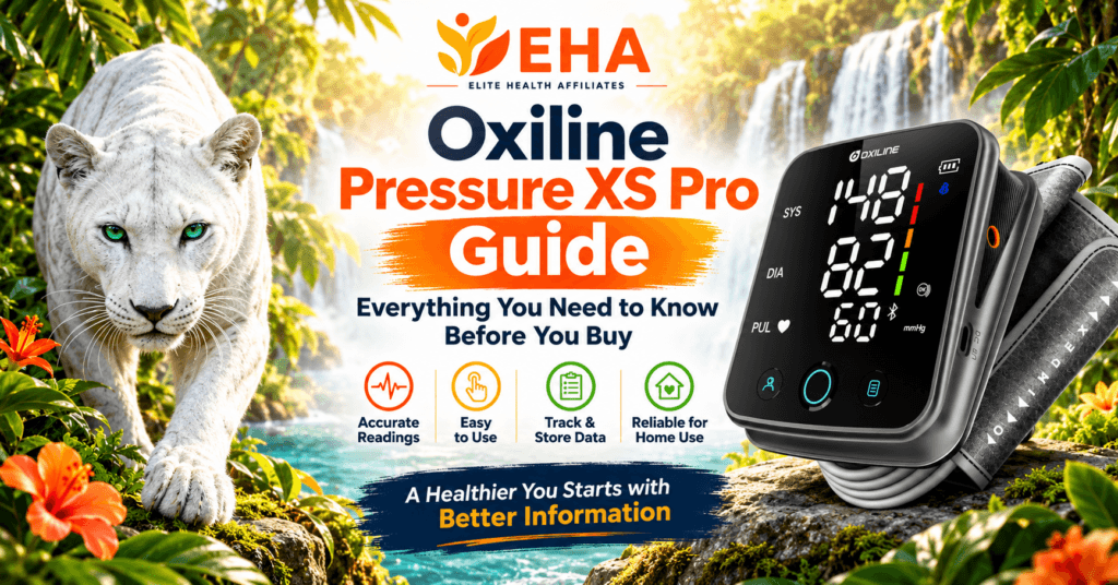 Oxiline Pressure XS Pro Guide featuring the Oxiline blood pressure monitor, EHA white panther branding, and key benefits including accurate readings, easy operation, data tracking, and reliable home use