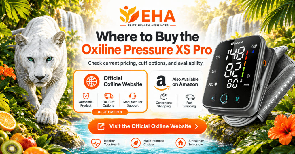 Where to buy the Oxiline Pressure XS Pro featuring the blood pressure monitor, EHA white panther branding, official Oxiline website option, and Amazon availability