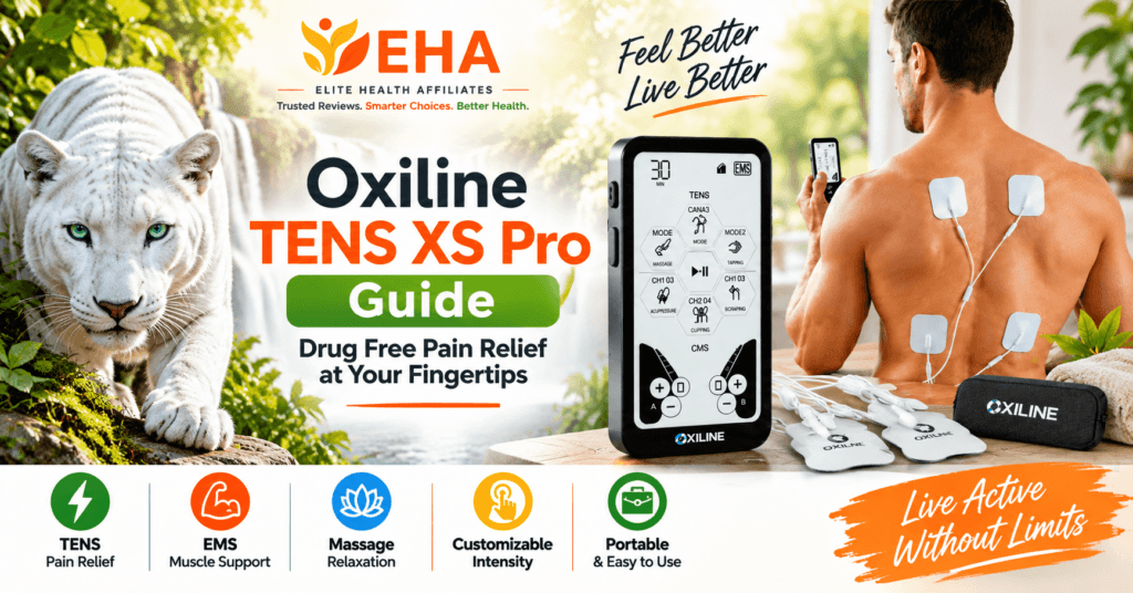 Oxiline TENS XS Pro Guide featuring the TENS device, electrode pads, EHA white panther branding, and key benefits including TENS pain relief, EMS muscle support, massage relaxation, adjustable intensity, and portable use