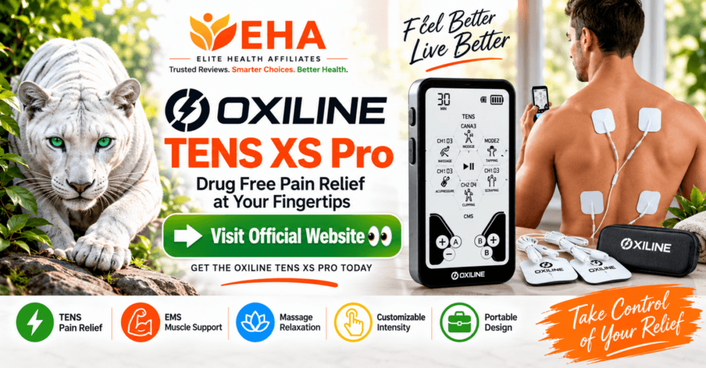 Oxiline TENS XS Pro pain relief device with electrode pads, EHA branding, TENS and EMS features, adjustable intensity, and portable at-home use